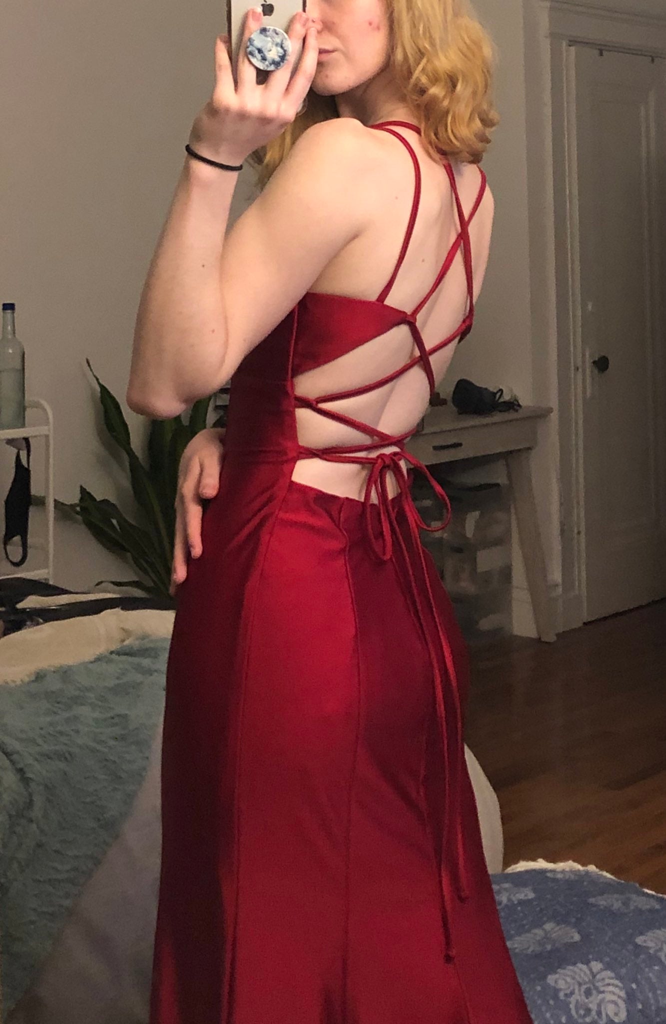 Mermaid V Neck Cross Back Burgundy Satin Long Prom Dresses