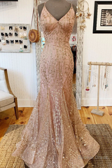 Sjöjungfru V Neck Rose Gold Prom Dress Fantastisk aftonklänning