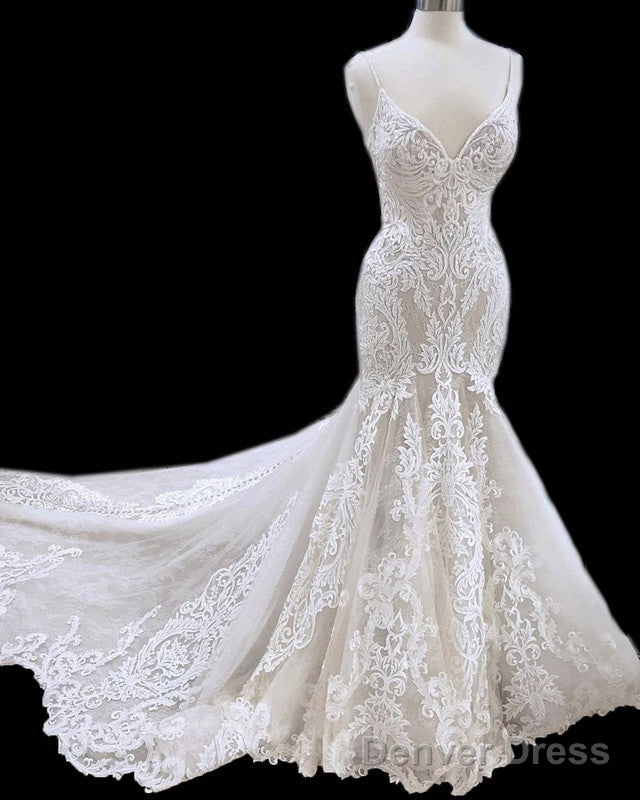 Mermaid V Neck Empire Wedding Dresses Lace Open Back