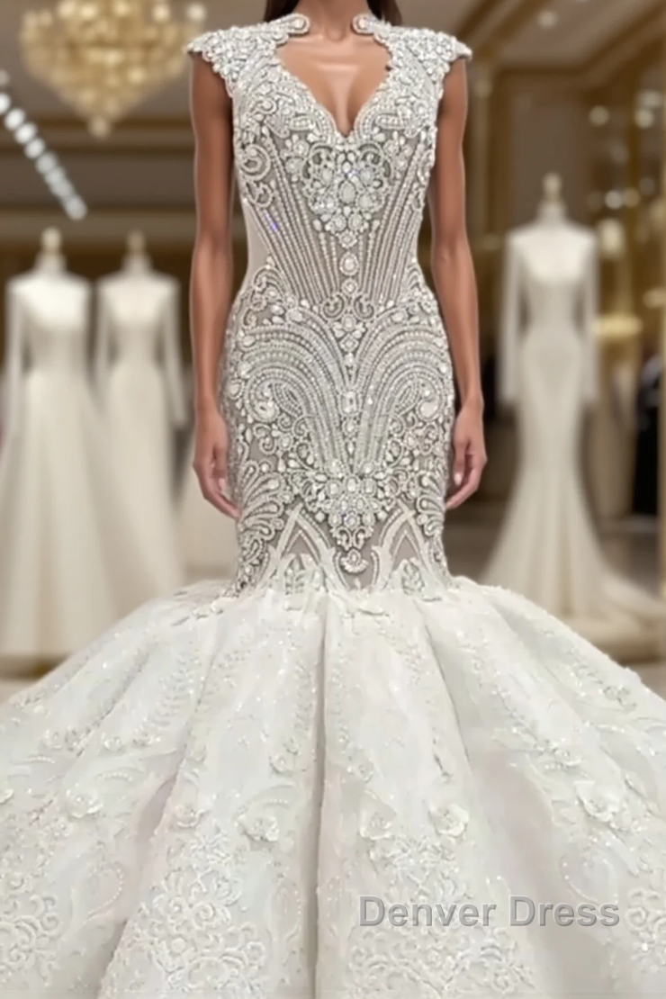 Mermaid V-neck Floor Length Backless Tulle Beading Applique Wedding Dresses Main image