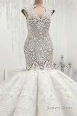 Mermaid V-neck Floor Length Backless Tulle Beading Applique Wedding Dress