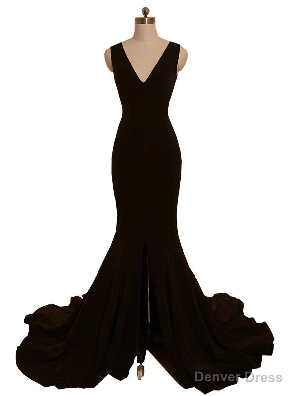 Mermaid V Neck Front Slit Backless Women Black Prom Dresses