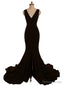 Mermaid V Neck Front Slit Backless Women Black Prom Dresses