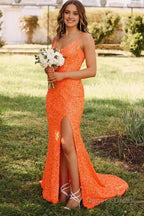 Mermaid V Neck Fuchsia Sequins Long Prom Dresses
