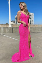 Mermaid V Neck Fuchsia Sequins Long Prom Dresses