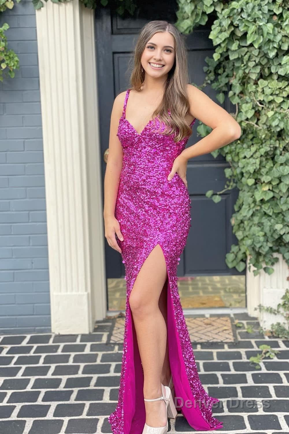 Mermaid V Neck Fuchsia Sequins Long Prom Dress Main image