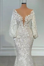 Mermaid V Neck Lace Floor Length Long Sleeve Applique Beaded Wedding Dresses