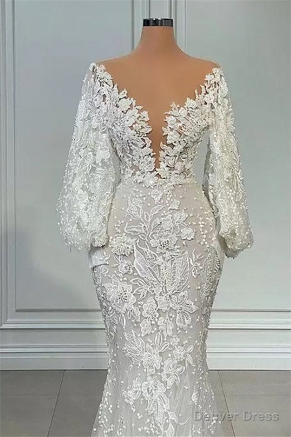 Mermaid V Neck Lace Floor Length Long Sleeve Applique Beaded Wedding Dresses