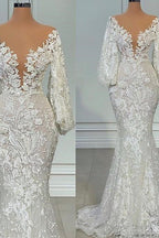 Mermaid V Neck Lace Floor Length Long Sleeve Applique Beaded Wedding Dresses