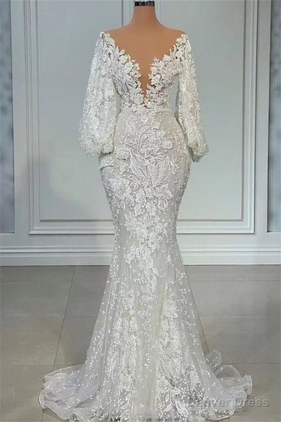 Mermaid V Neck Lace Floor Length Long Sleeve Applique Beaded Wedding Dresses Main image