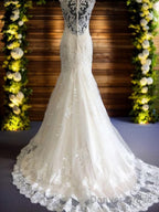 Mermaid V-Neck Lace Sweep Train Tulle Wedding Dress