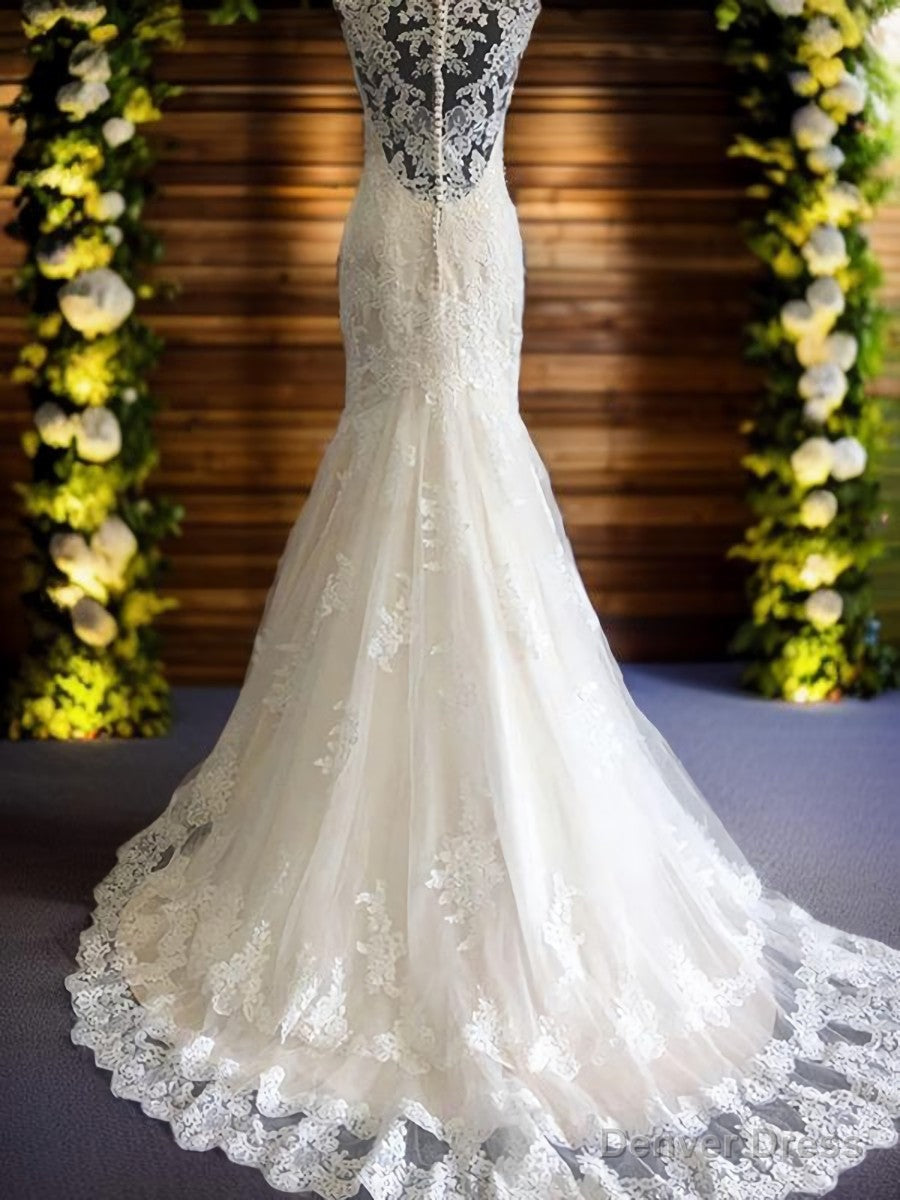 Mermaid V-neck Lace Sweep Train Tulle Wedding Dress