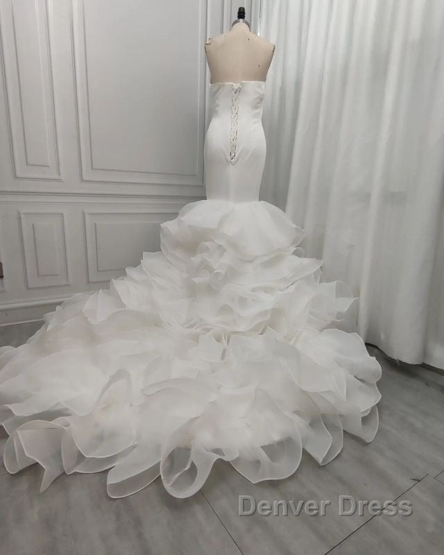 Mermaid V Neck Long Train Chiffon Lotus Leaf Hem Wedding Dresses