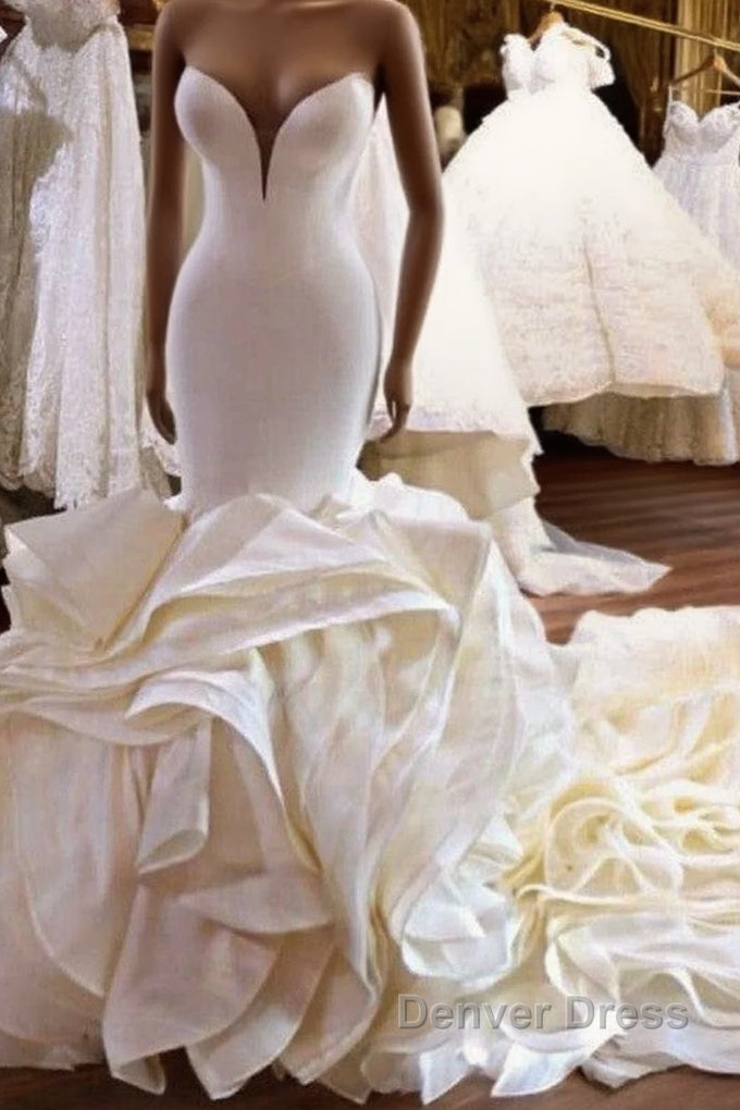 Mermaid V Neck Long Train Chiffon Lotus Leaf Hem Wedding Dresses Main image