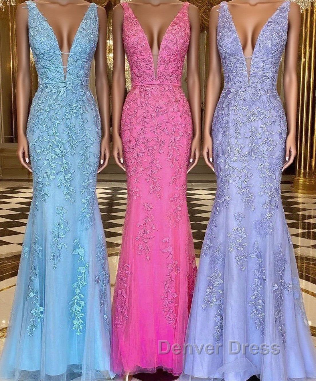 Mermaid V Neck Open Back Lace Long Prom Dress, Mermaid Prom Dresses Main image