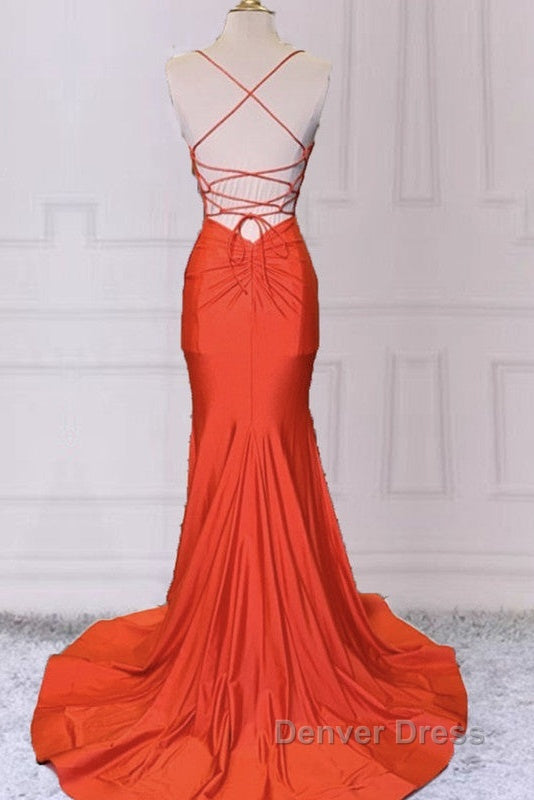 Mermaid V Neck Orange Prom Dresses Spaghetti Straps Secondary image