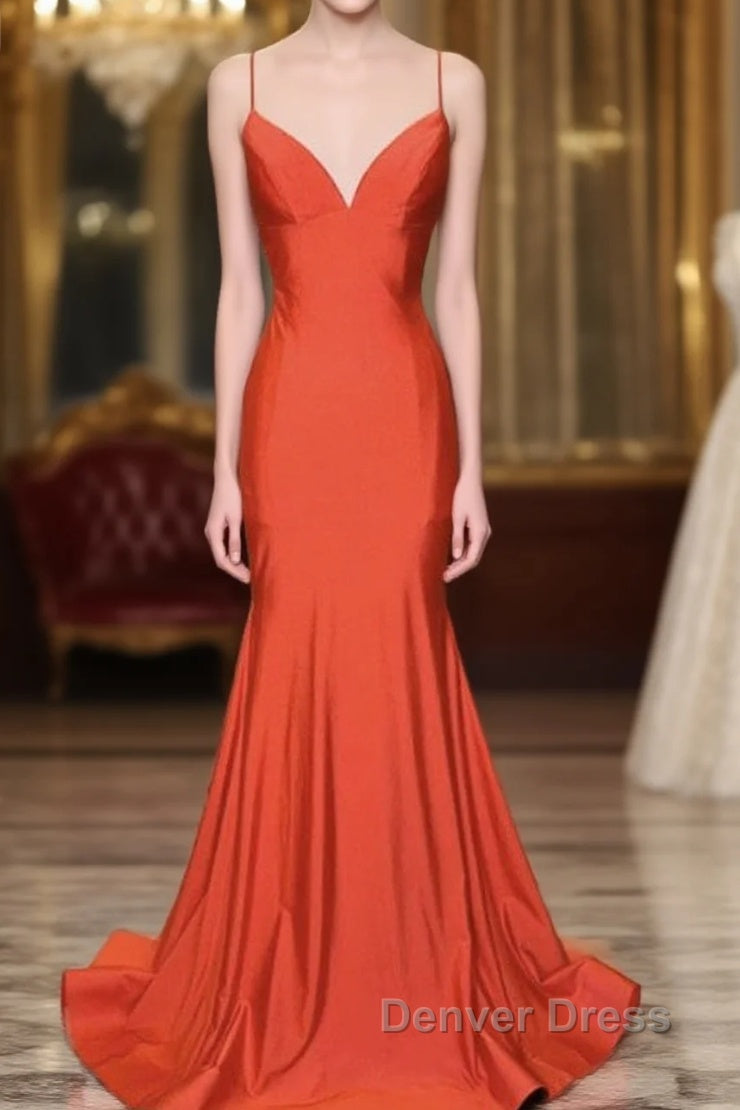 Mermaid V Neck Orange Prom Dresses Spaghetti Straps Main image
