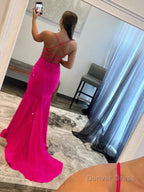 Mermaid V Neck Red Glitter Satin Prom Dresses