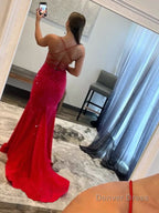 Mermaid V Neck Red Glitter Satin Prom Dresses