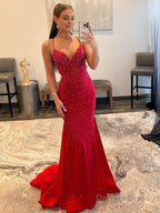 Mermaid V Neck Red Glitter Satin Prom Dresses
