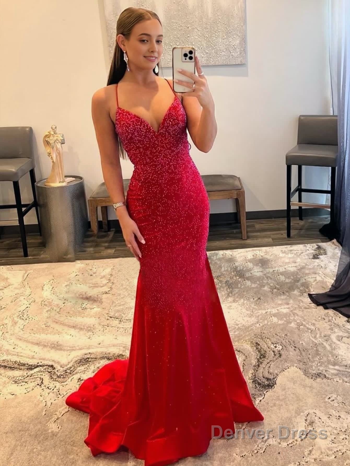 Mermaid V Neck Red Glitter Satin Prom Dresses