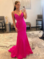 Mermaid V Neck Red Glitter Satin Prom Dresses
