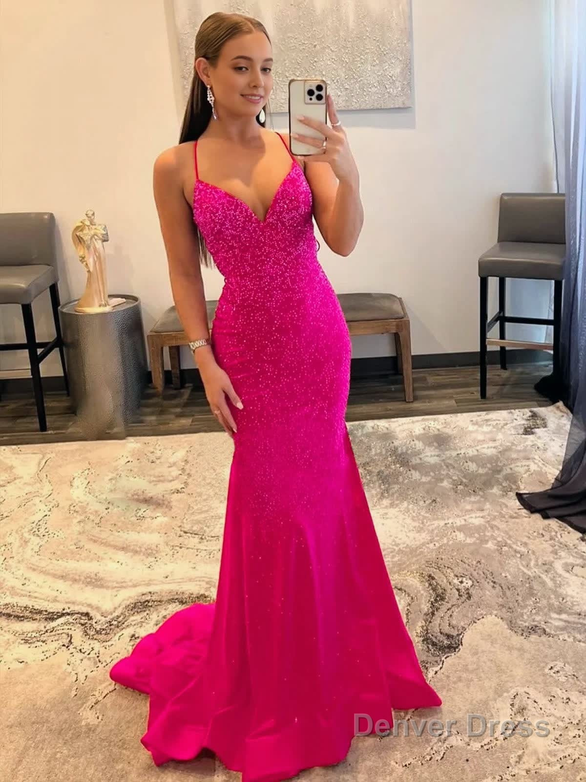 Mermaid V Neck Red Glitter Satin Prom Dresses
