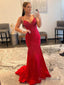 Mermaid V Neck Red Glitter Satin Prom Dresses