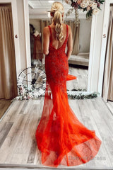 mermaid v neck red long prom dress with embroidery