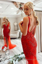 Mermaid V Neck Red Long Prom Dresses with Embroidery