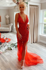 mermaid v neck red long prom dress with embroidery