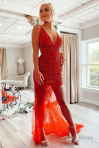 Mermaid V Neck Red Long Prom Dresses with Embroidery