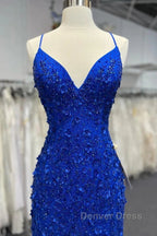 Mermaid V Neck Royal Blue Beade Applique Tulle Long Prom Dresses, Evening Dresses