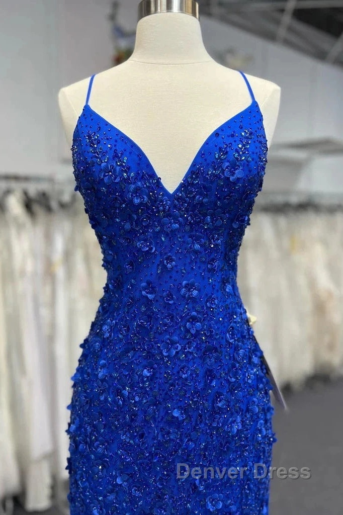 Mermaid V Neck Royal Blue Beade Applique Tulle Long Prom Dresses, Evening Dresses