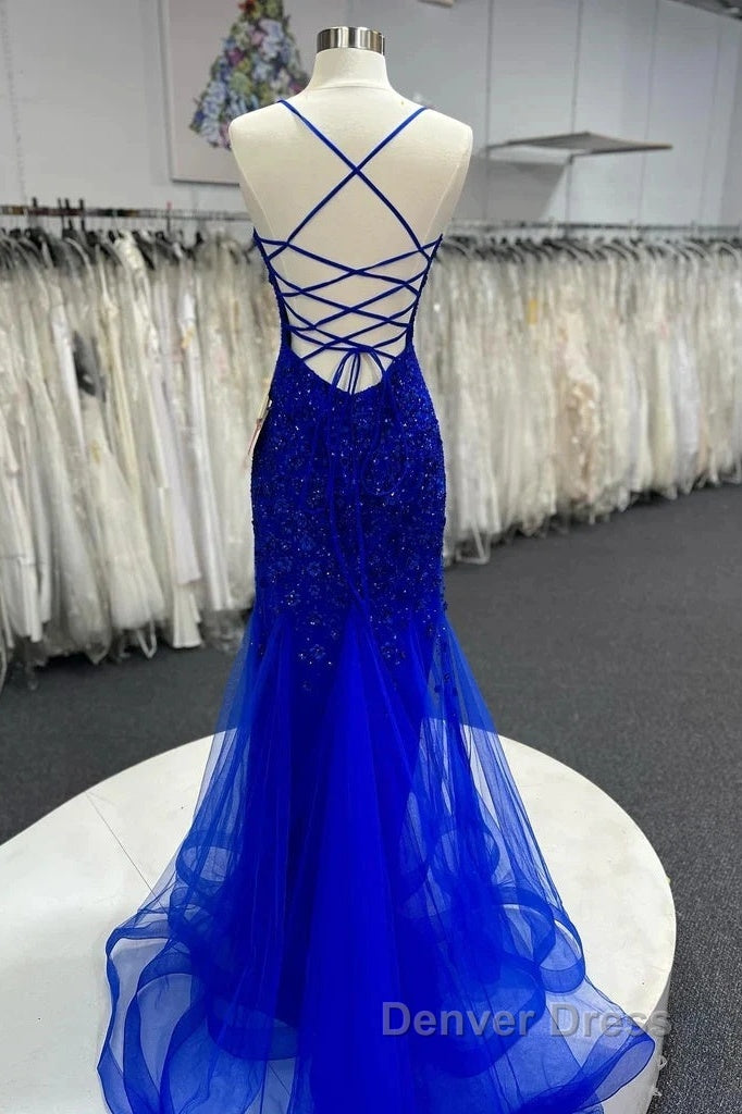 Mermaid V Neck Royal Blue Beade Applique Tulle Long Prom Dresses, Evening Dresses