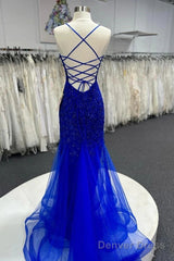 Mermaid V Neck Royal Blue Beade Applique Tulle Long Prom Dress, Evening Dress