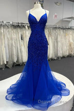Mermaid V Neck Royal Blue Beade Applique Tulle Long Prom Dresses, Evening Dresses