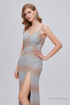 Mermaid V Neck Ruched Long Prom Dresses with Slit