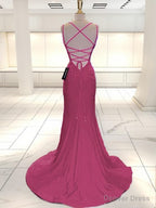 Mermaid V Neck Ruffles Sweep Train Jersey Dresses