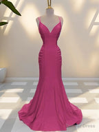 Mermaid V Neck Ruffles Sweep Train Jersey Dresses