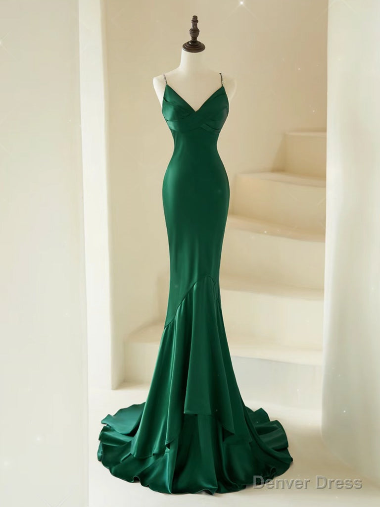 Mermaid V Neck Satin Green Long Prom Dress, Green Long Prom Dresses