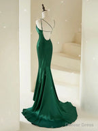 Mermaid V Neck Satin Green Long Prom Dress, Green Satin Long Formal Dress