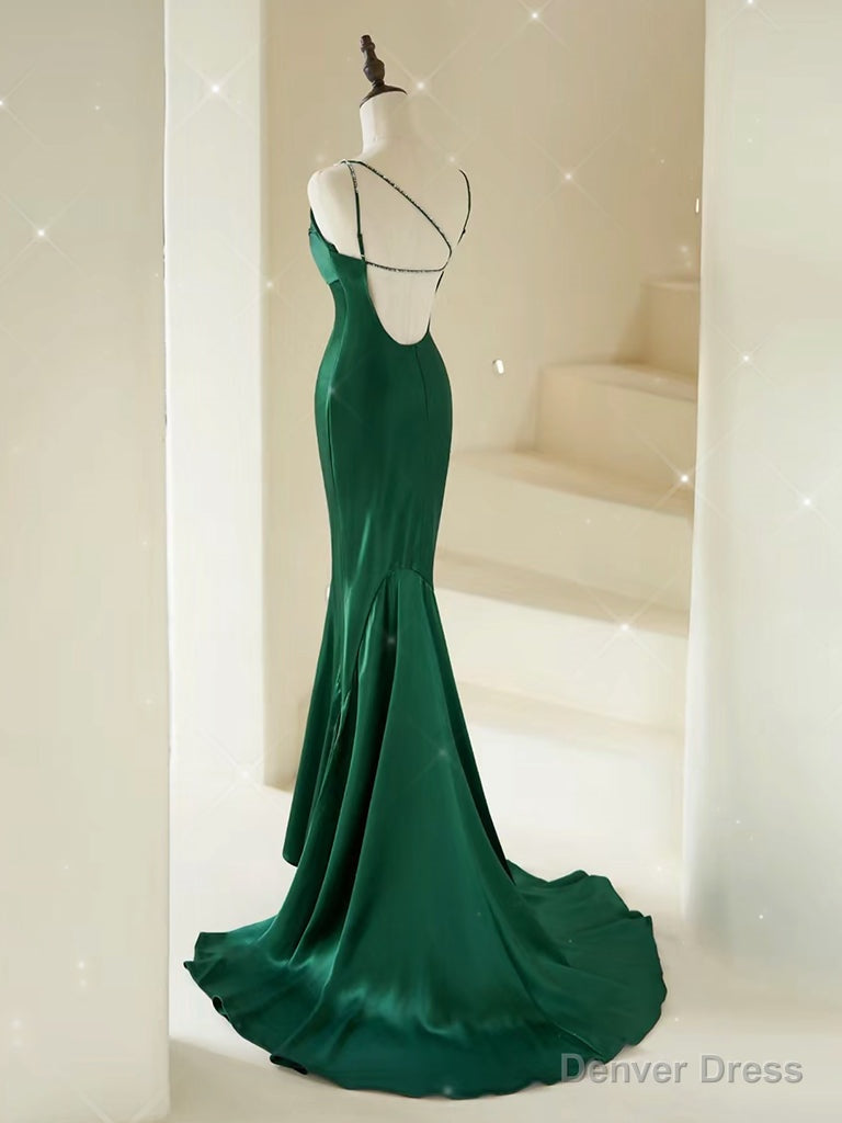 Mermaid V Neck Satin Green Long Prom Dress, Green Satin Long Prom Dresses