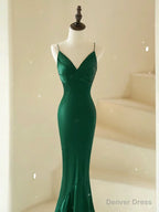 Mermaid V Neck Satin Green Long Prom Dress, Green Satin Long Prom Dresses