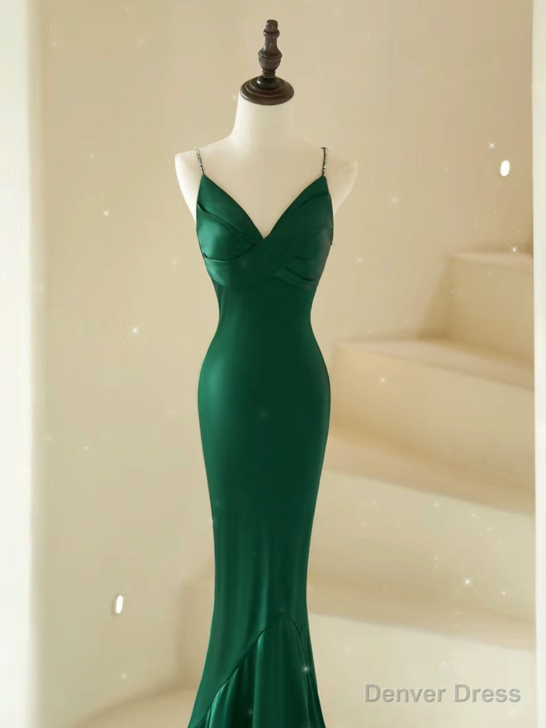 Mermaid V Neck Satin Green Long Prom Dress, Green Satin Long Prom Dresses