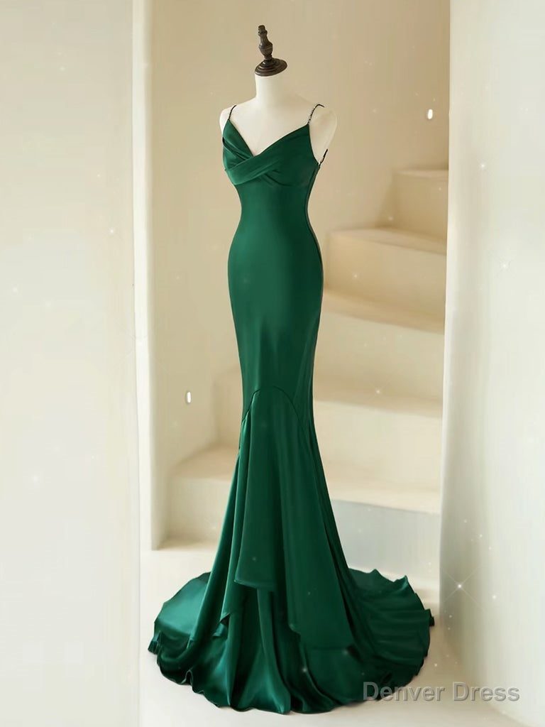 Mermaid V Neck Satin Green Long Prom Dress, Green Satin Long Prom Dresses