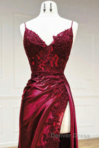 Mermaid V Neck Satin Lace Burgundy Long Prom Dresses, Burgundy Long Formal Dresses