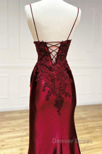 Mermaid V Neck Satin Lace Burgundy Long Prom Dresses, Burgundy Long Formal Dresses