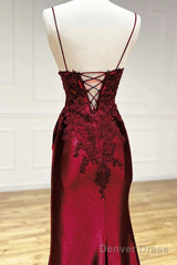 Mermaid V Neck Satin Lace Burgundy Long Prom Dress, Burgundy Long Formal Dress