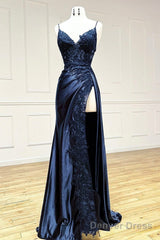 Mermaid V Neck Satin Lace Burgundy Long Prom Dress, Burgundy Long Formal Dress